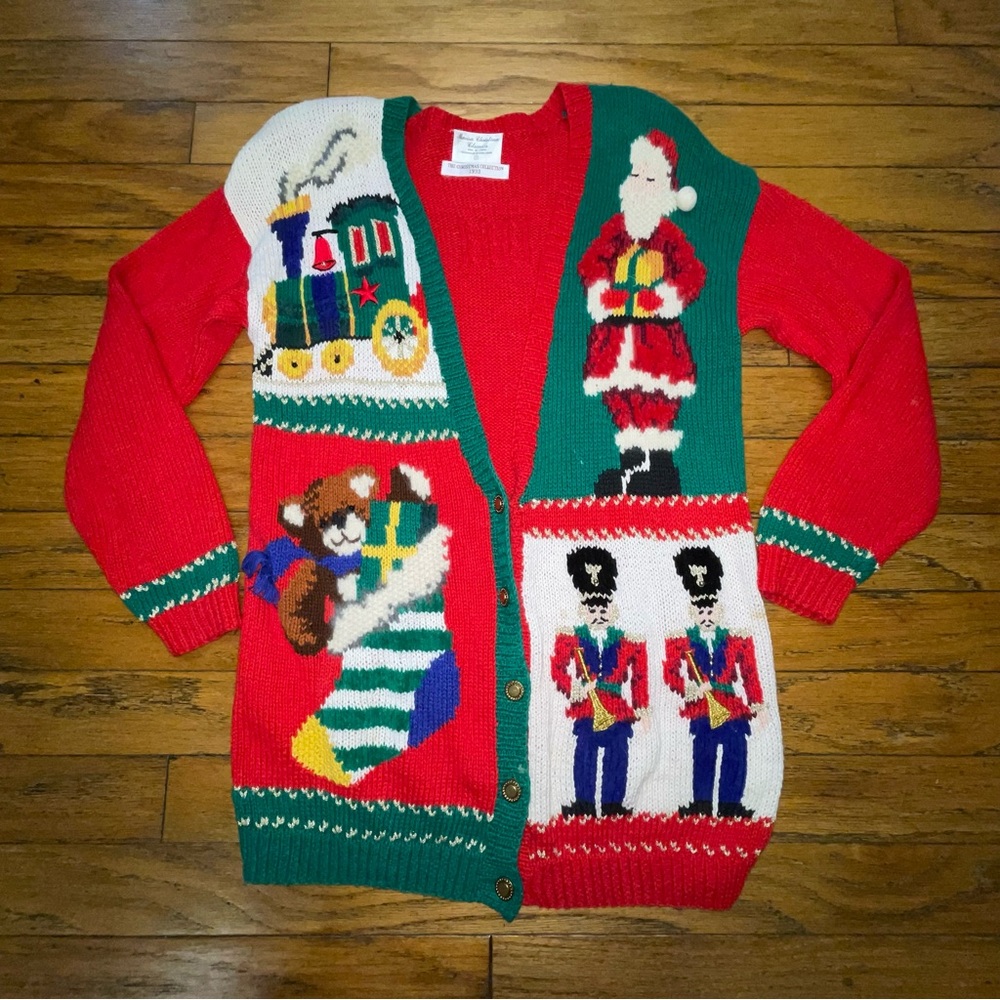 Vintage Holiday Sweater with Santa and Toy Soldiers